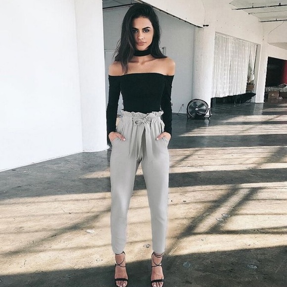 Tie Front High Waisted Chiffon Slim Slacks Pockets - Picture 2 of 6